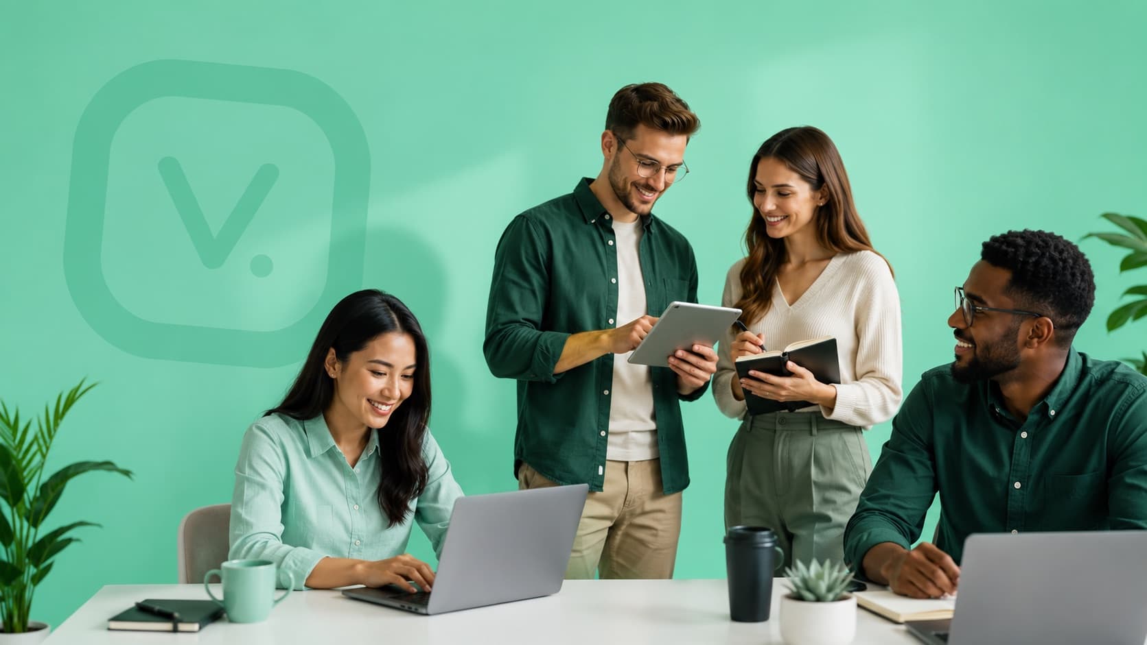 A team collaborating around a table with laptops and a tablet, in front of a wall carrying the Vertiqa mark