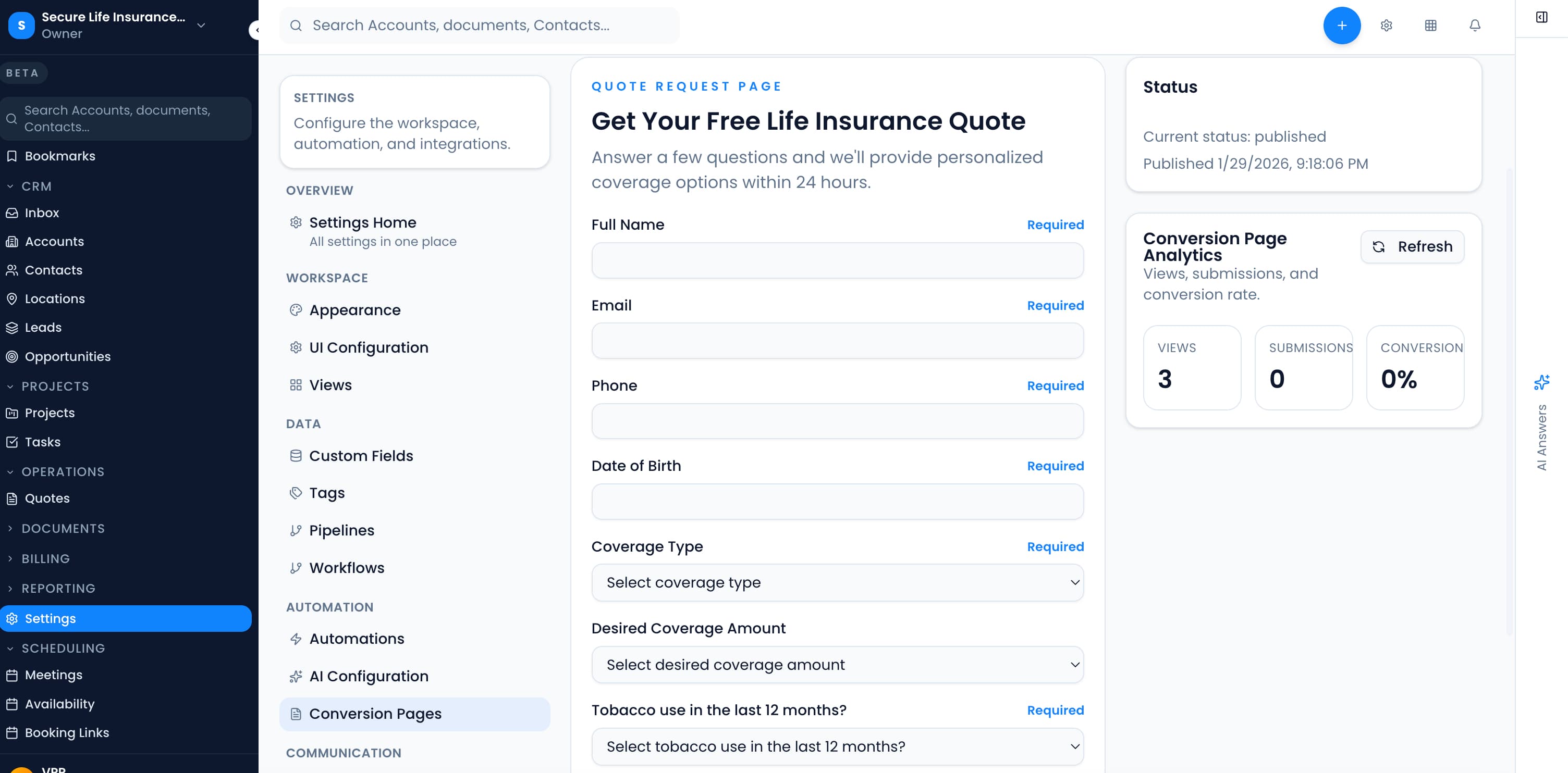 Life insurance agency dashboard overview