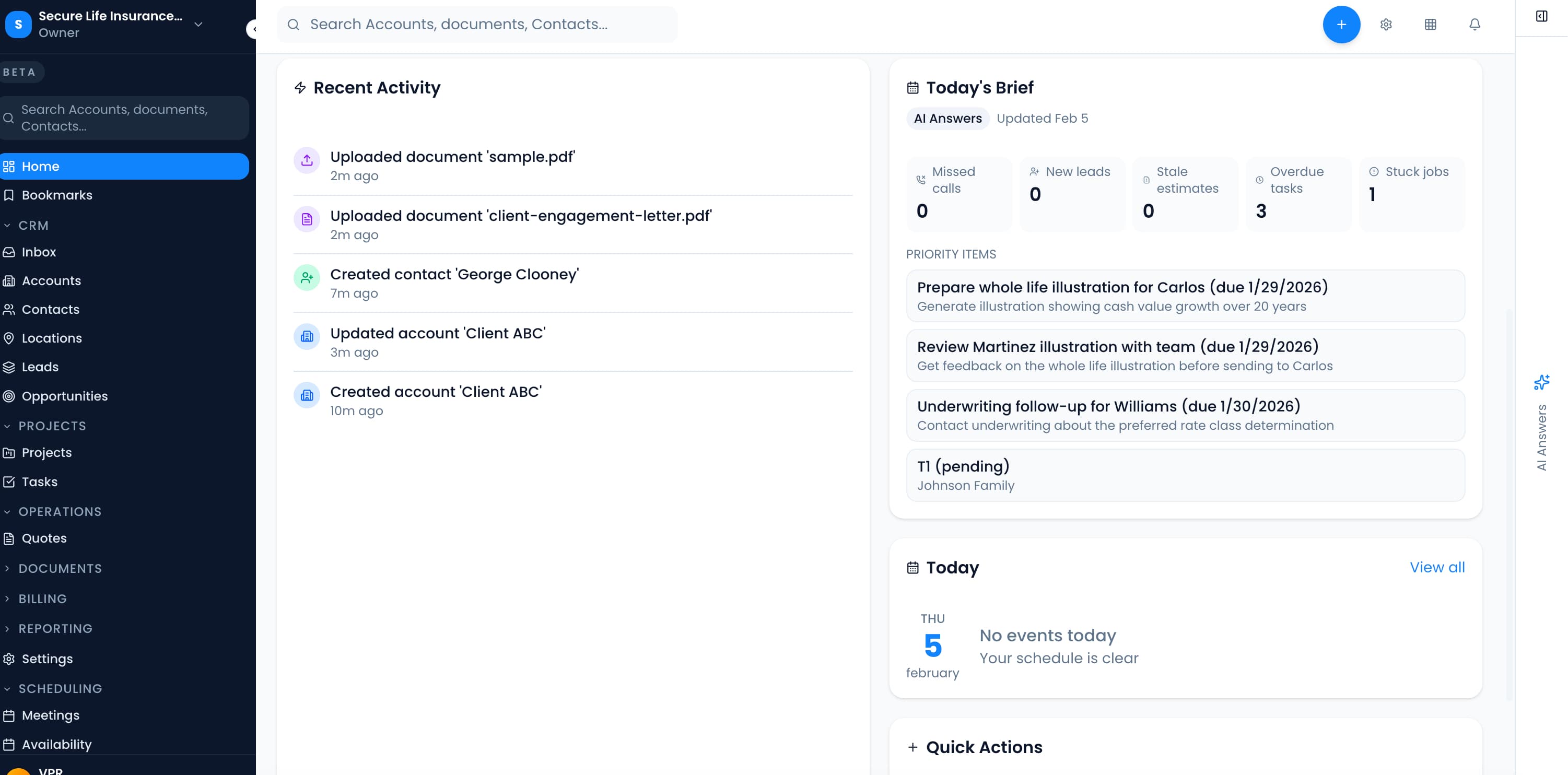 Life insurance agency dashboard overview