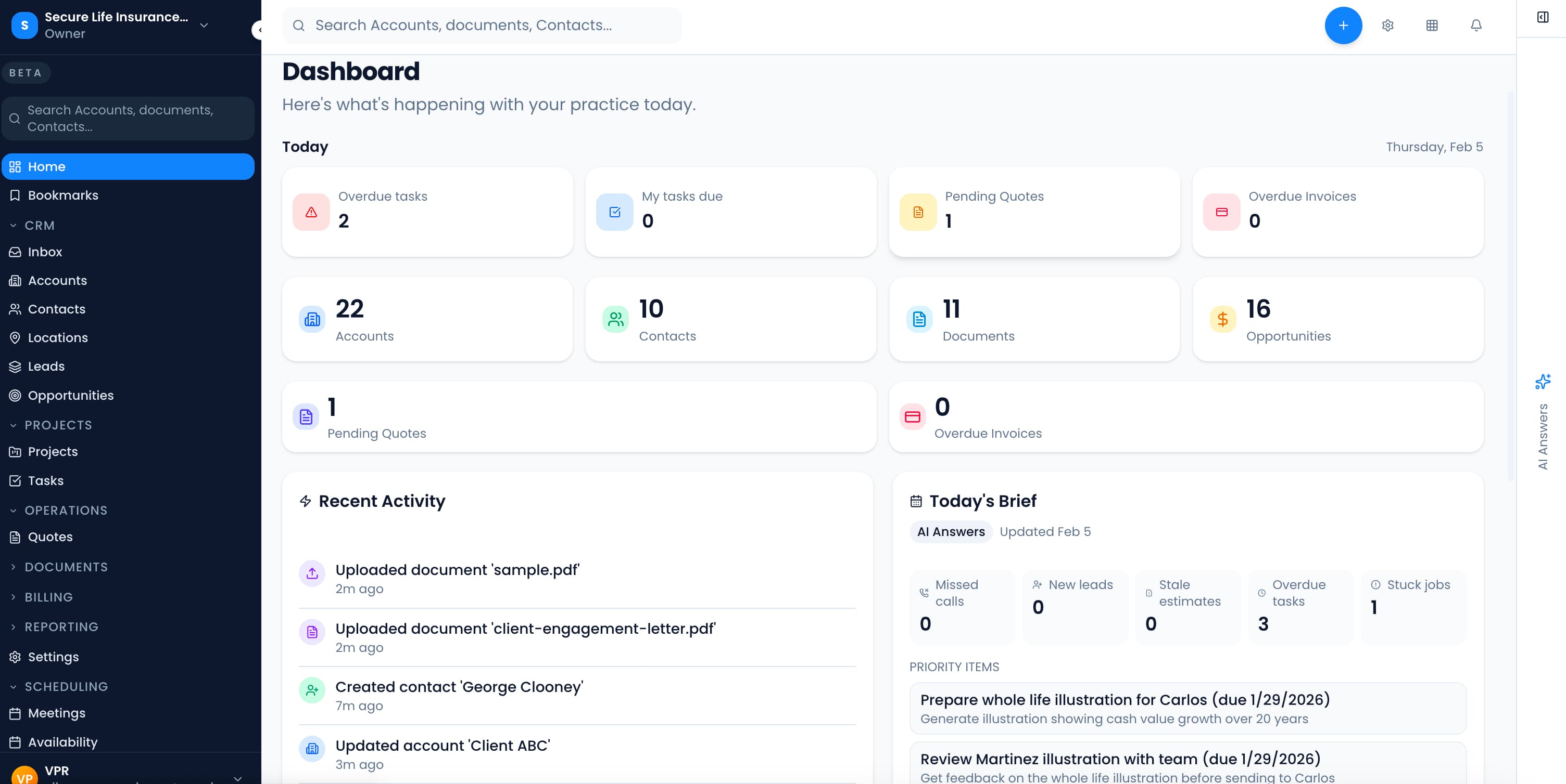 Life insurance agency dashboard overview