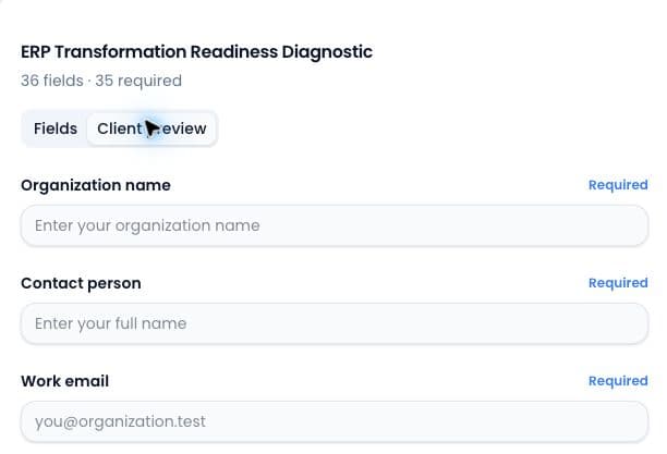 Client preview of NexaBridge’s ERP Transformation Readiness Diagnostic form