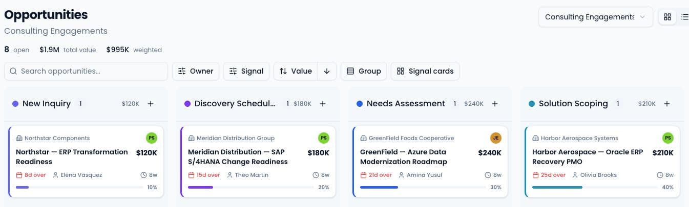 NexaBridge Consulting Engagements board with opportunities owned by Priya Shah and Jordan Ellis