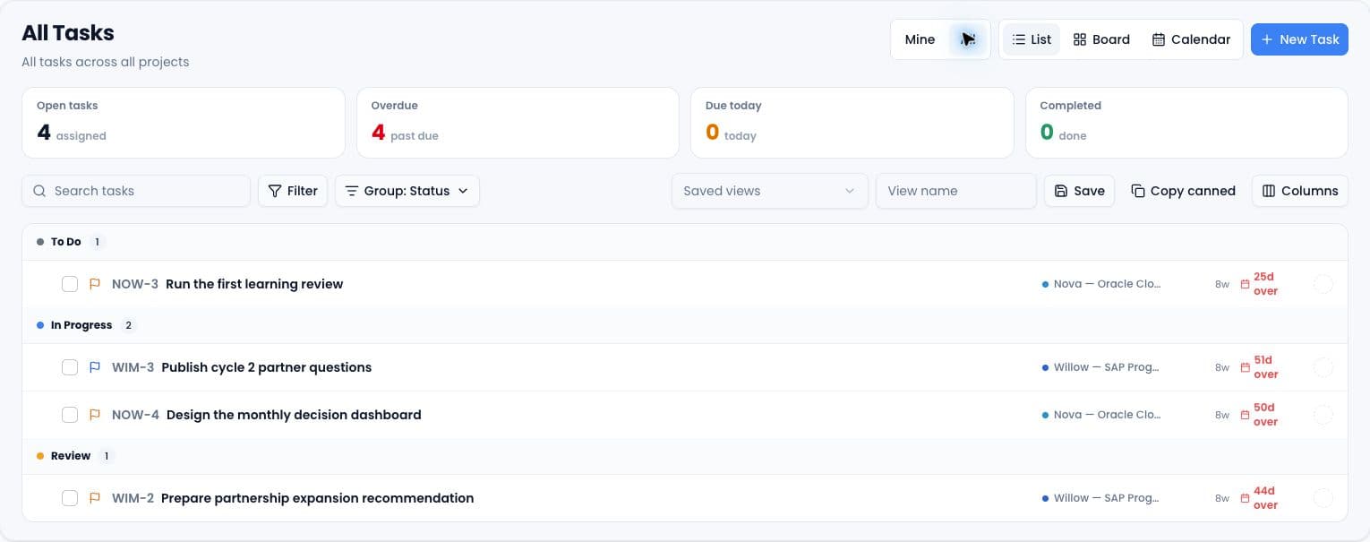 NexaBridge delivery tasks grouped by To Do, In Progress, and Review