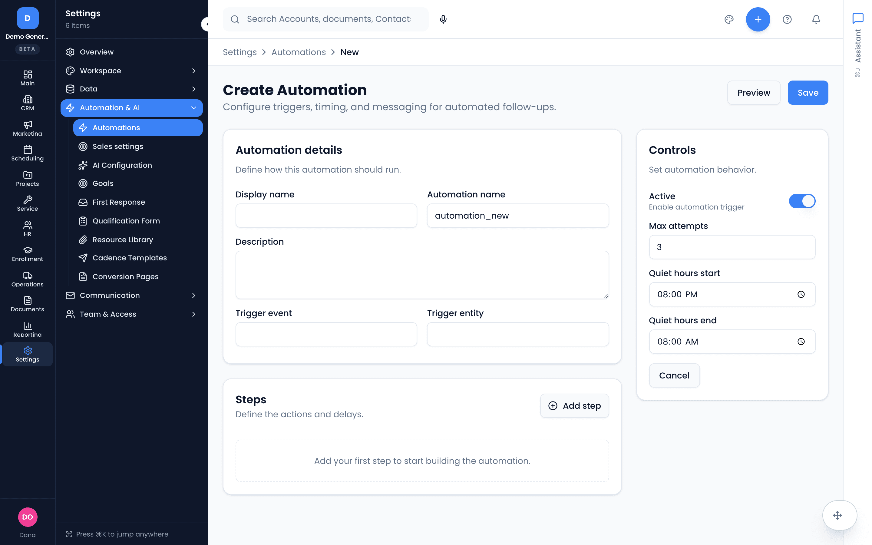 Building an automation — trigger event and entity, quiet-hours and max-attempt controls, and an ordered list of action/delay steps.