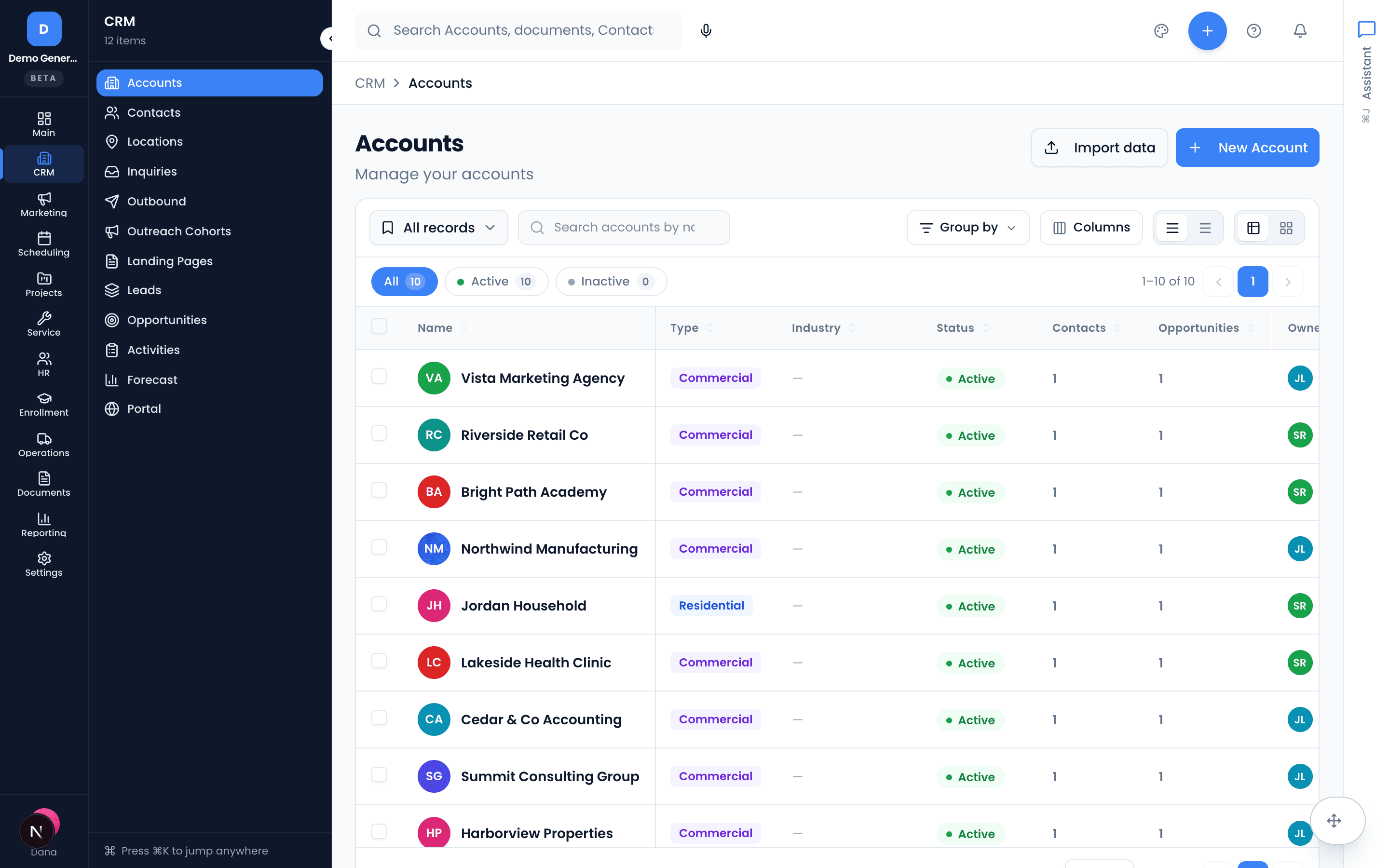 The Accounts list in Vertiqa — companies with type, status, contact and opportunity counts, and owner.