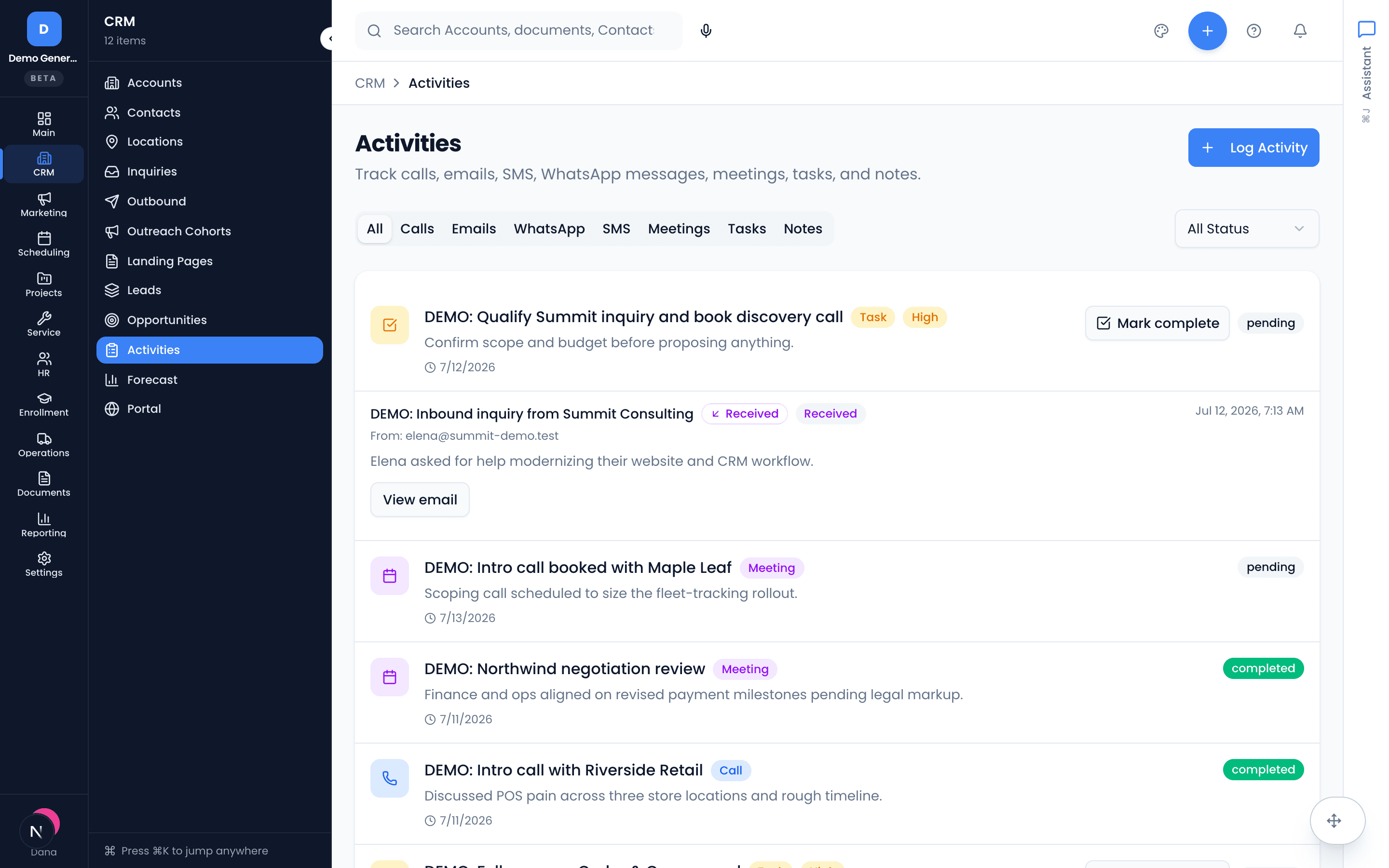Calls the receptionist handled, filed on the CRM timeline — each call, email and meeting logged on the record it belongs to with status.