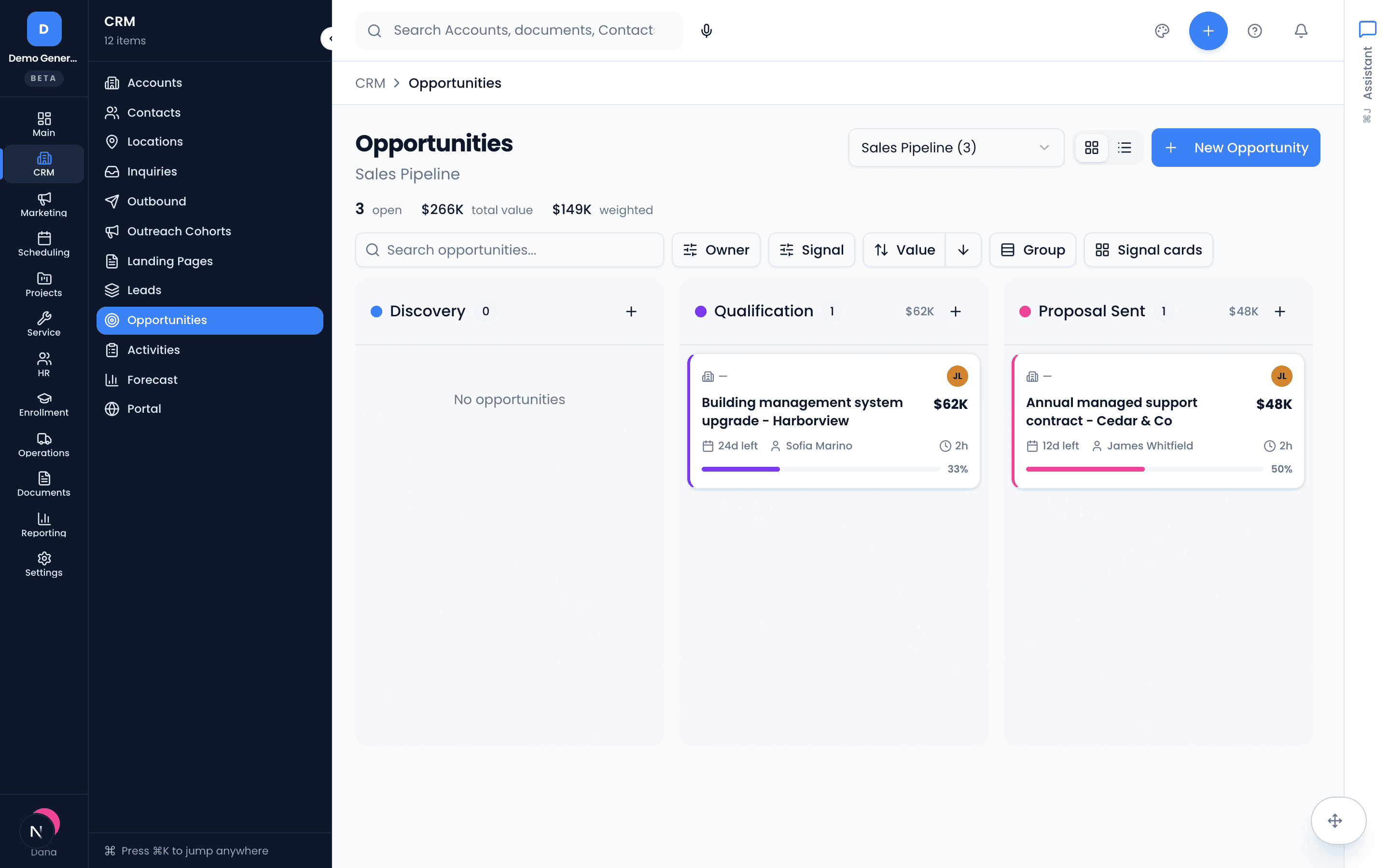 Vertiqa sales pipeline — a kanban board of opportunities by stage, each card showing the deal name, value, owner, and probability.