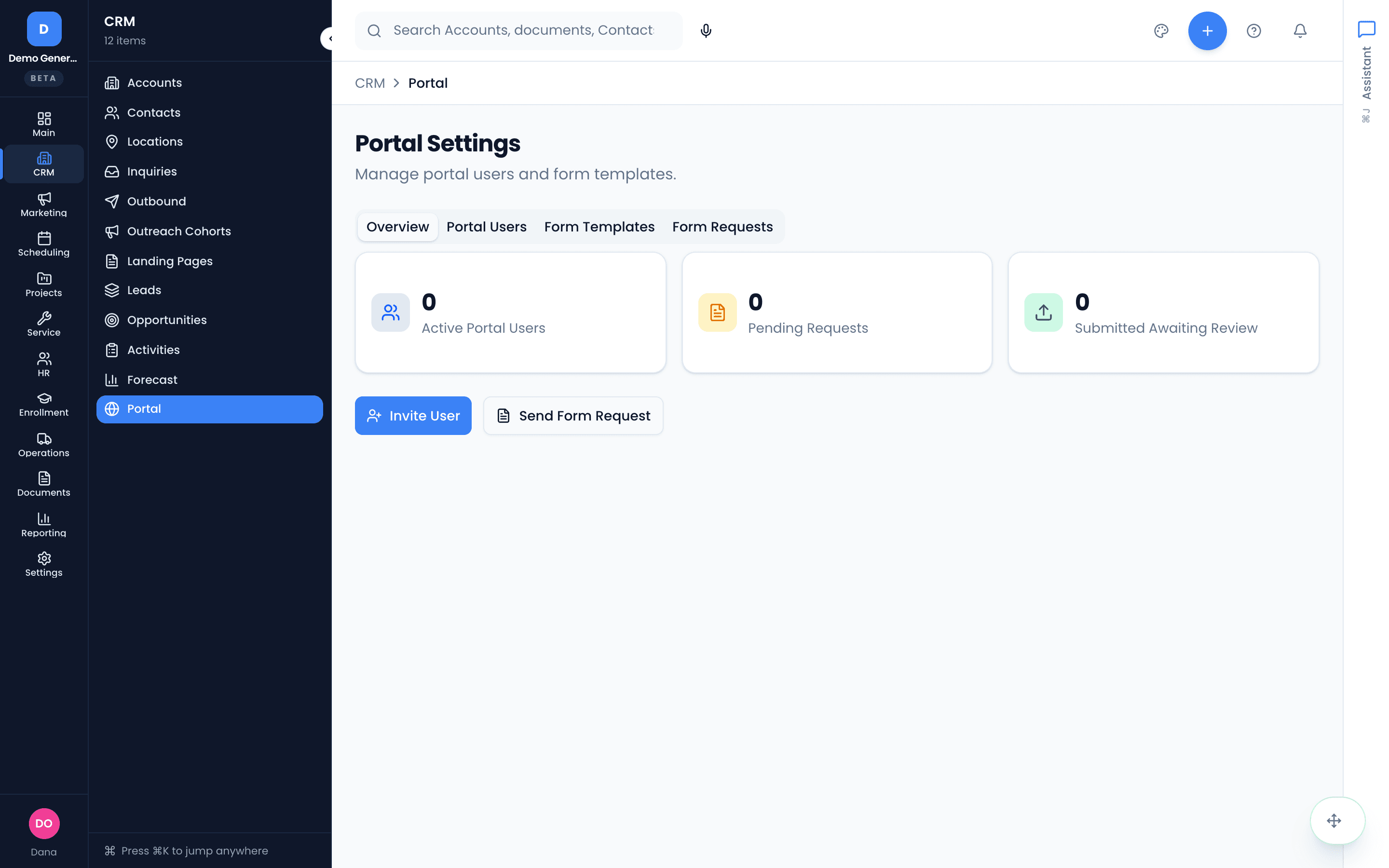 Portal Settings — manage portal users and form templates, with active-user, pending-request and awaiting-review counts and Invite User / Send Form Request actions.