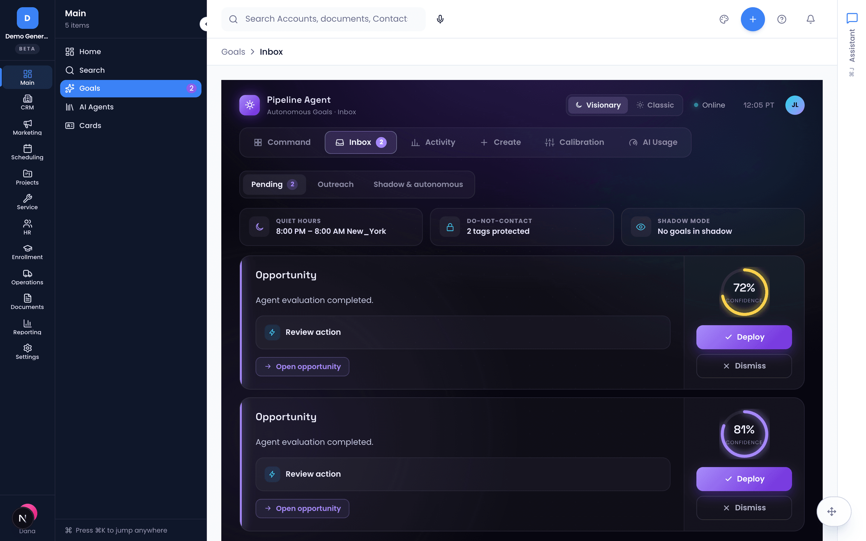 The Goals inbox — pending agent proposals each with a confidence score, a Review action, and Deploy or Dismiss controls, plus quiet-hours and do-not-contact guardrails.