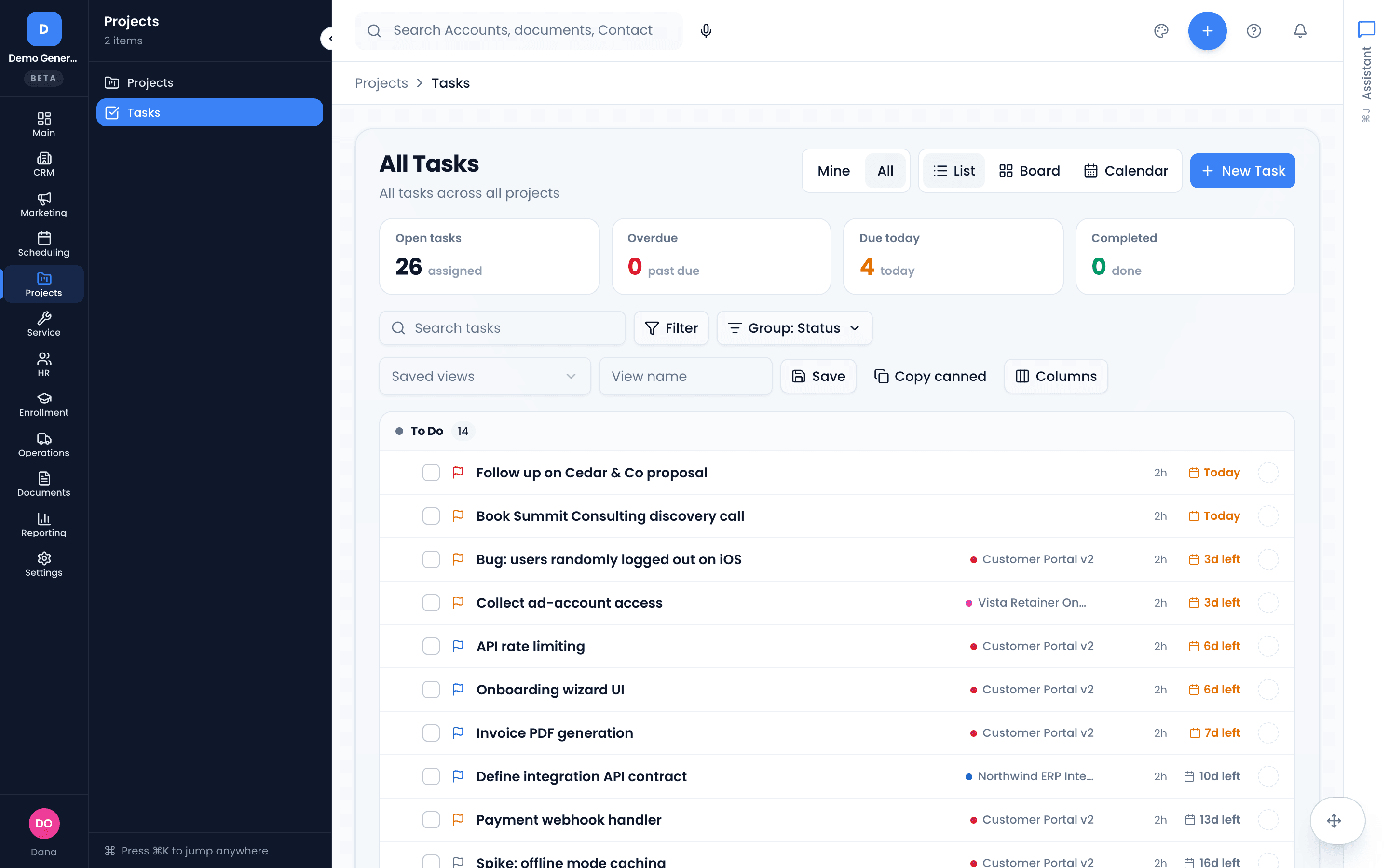 The All Tasks list — tasks grouped by status with priority flags, owning project, time estimate and due date, plus open/overdue/due-today counters.