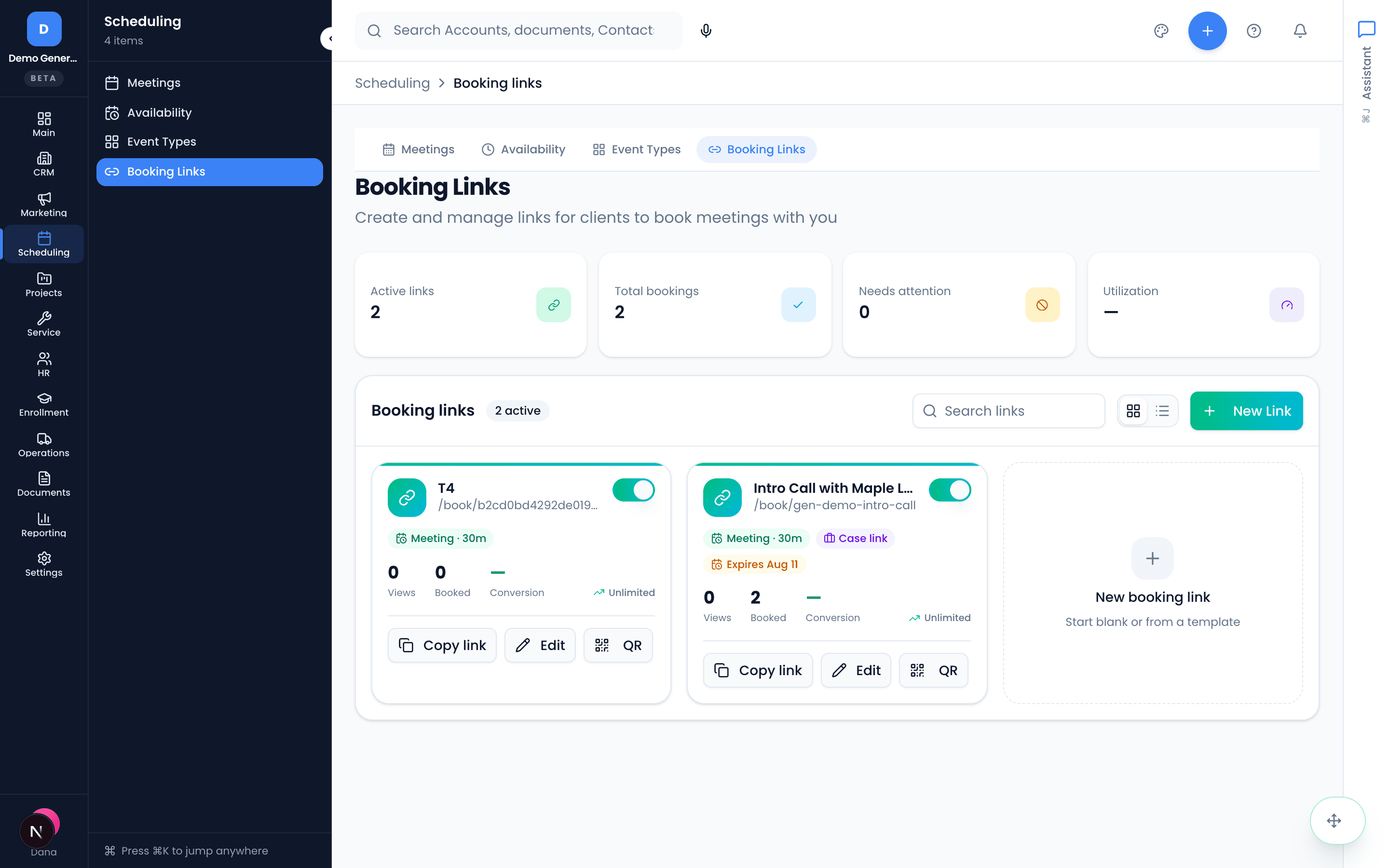 Booking Links — shareable links for clients to self-book, each card showing views, bookings, conversion, and copy/QR controls.