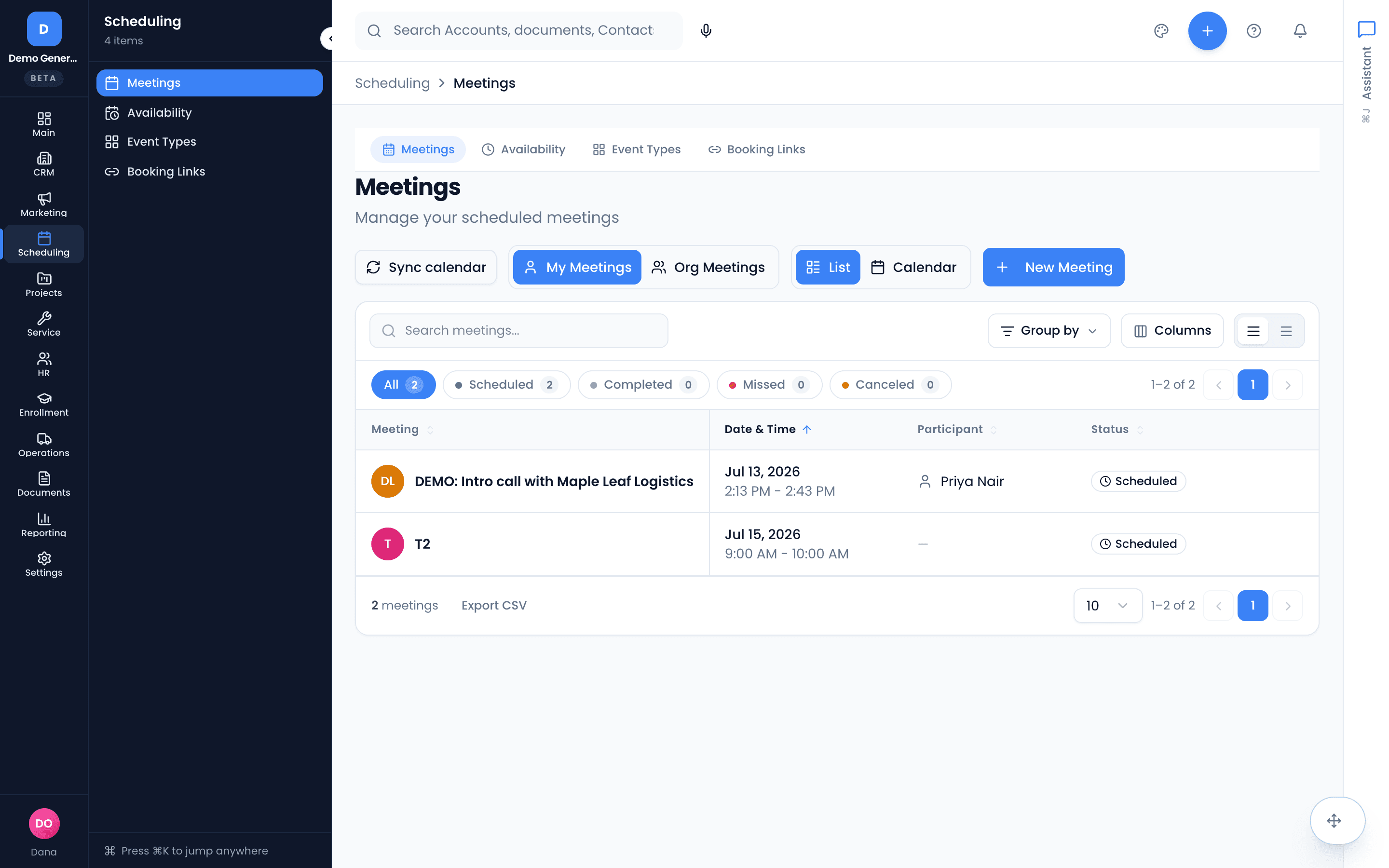 The Meetings list — scheduled meetings with date, time, participant and status, filterable by My/Org meetings and list or calendar view.