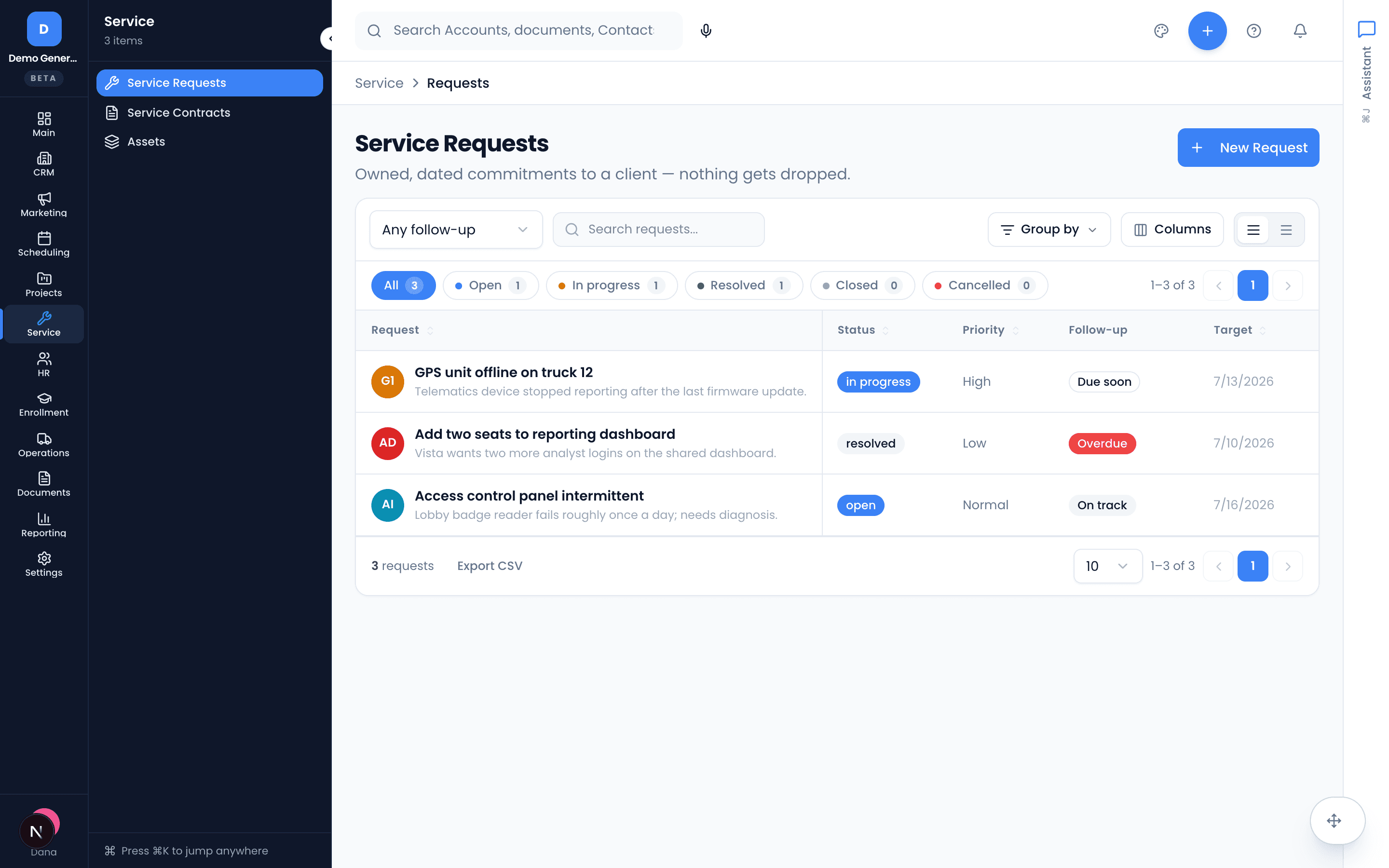 The Service Requests queue — tickets with status, priority, follow-up flag (Due soon / Overdue / On track) and target date.