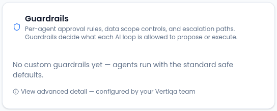 The Guardrails panel describing per-agent approval rules, data scope controls and escalation paths, showing No custom guardrails yet — agents run with the standard safe defaults, and a View advanced detail — configured by your Vertiqa team link.