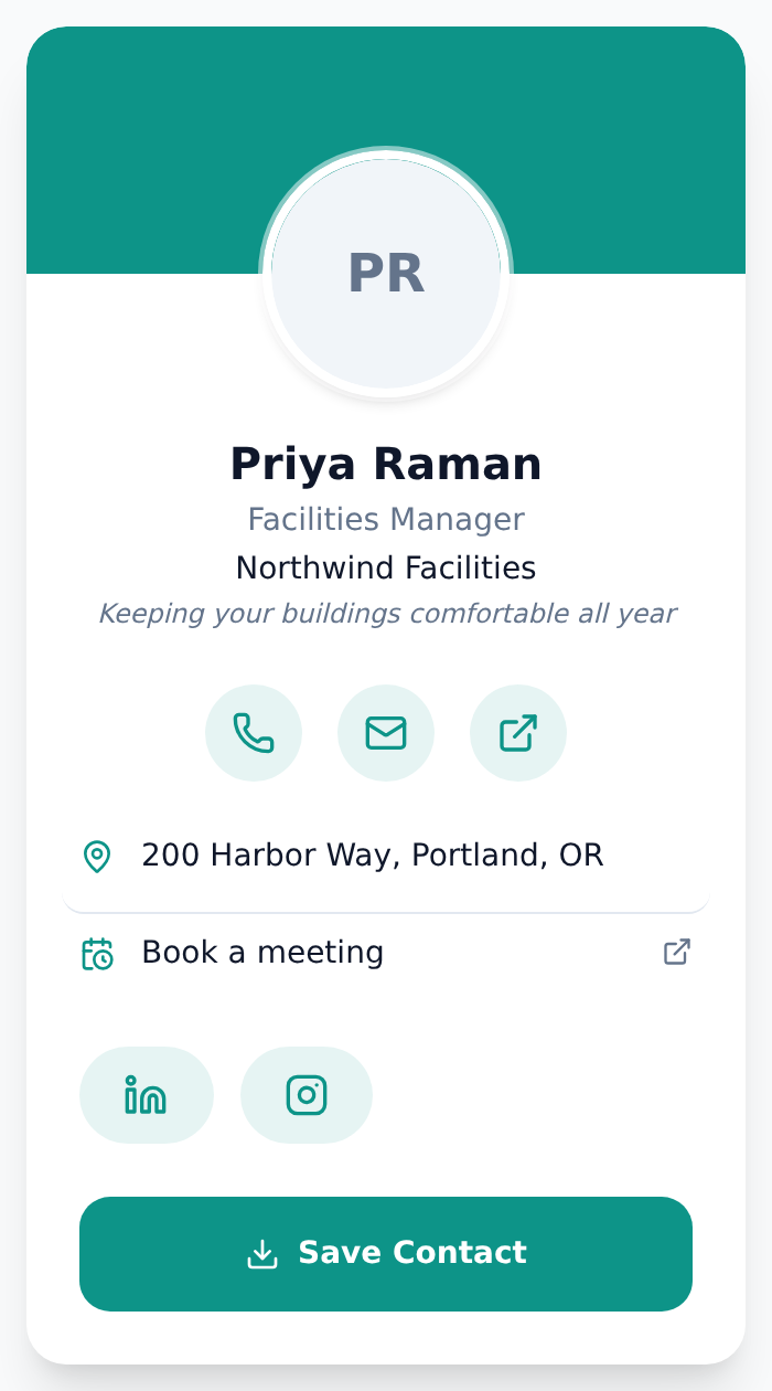 Priya Raman's card on a phone: a teal cover band with her initials, her title and company, a headline, buttons to call, email and open her website, her address, a Book a meeting link, LinkedIn and Instagram buttons, and a Save Contact button.