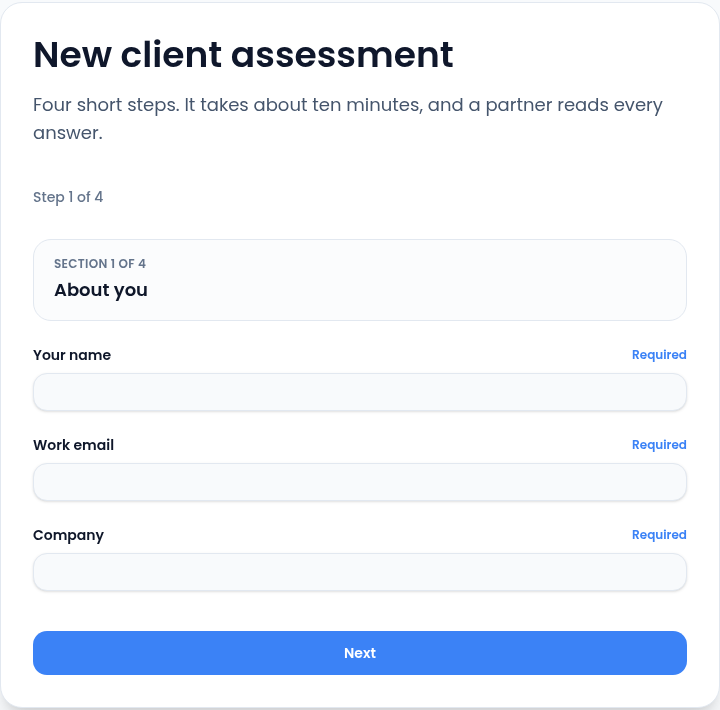 The published New client assessment page showing Step 1 of 4, the section About you, required fields for name, work email and company, and a Next button.