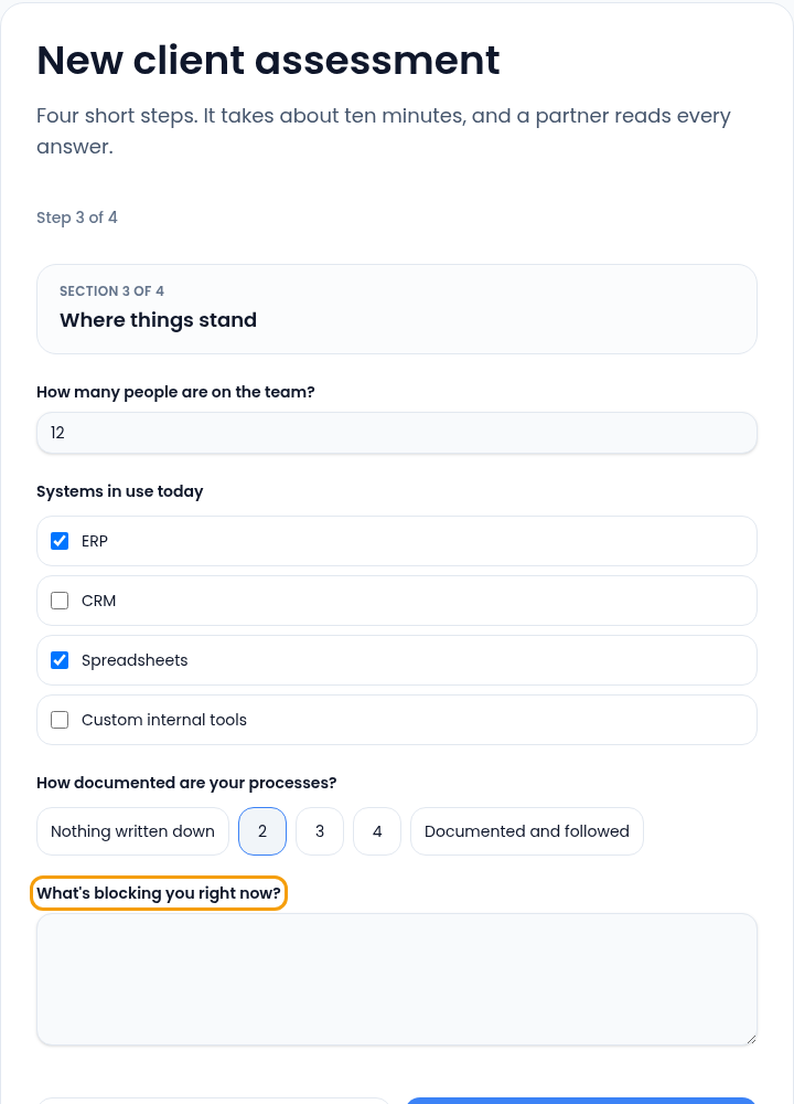 Step 3 of 4, Where things stand, with team size 12, ERP and Spreadsheets ticked under Systems in use today, 2 selected on the How documented are your processes? scale from Nothing written down to Documented and followed, and the question What's blocking you right now? highlighted below it.