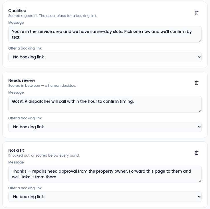 Three ending cards on the Page tab: Qualified (Scored a good fit. The usual place for a booking link) with the same-day slots message, Needs review (Scored in between — a human decides) with the dispatcher message, and Not a fit (Knocked out, or scored below every band) with the property-owner message. Each has an Offer a booking link menu set to No booking link.
