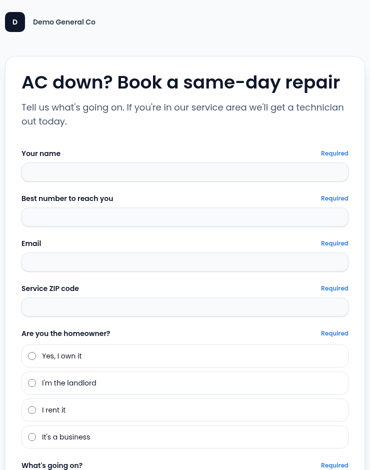 The public same-day repair page under the Demo General Co name, with the headline AC down? Book a same-day repair, the subheadline, and required fields for name, phone, email and service ZIP code, followed by the four homeowner choices.