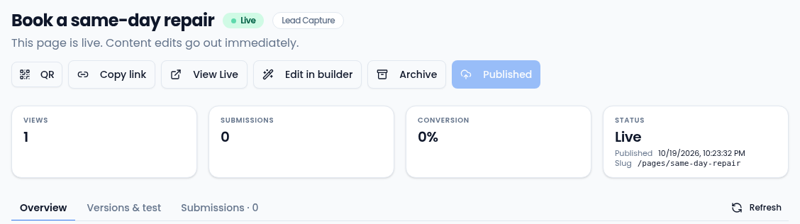 The Book a same-day repair page details header with Live and Lead Capture badges, the note This page is live. Content edits go out immediately, buttons for QR, Copy link, View Live, Edit in builder and Archive, cards for views, submissions, conversion and status with the slug /pages/same-day-repair, and the tabs Overview, Versions & test and Submissions.