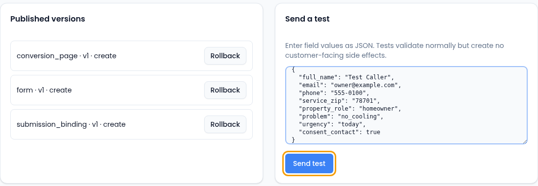 The Versions & test tab with Published versions listing conversion_page, form and submission_binding at v1, each with a Rollback button, and the Send a test card with the test JSON entered and the Send test button highlighted.