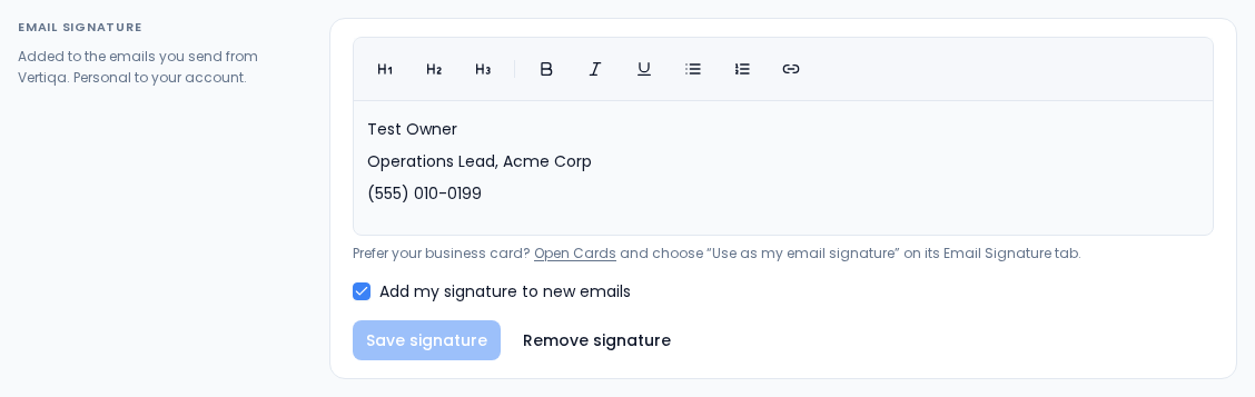 The Email signature section on the profile settings page with a rich text editor containing a name, role and phone number, a checked Add my signature to new emails box, and Save signature and Remove signature buttons.