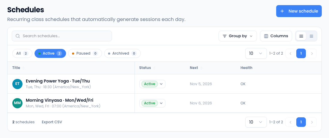 The Schedules page with a New schedule button and two active schedules: Evening Power Yoga, Tue and Thu at 18:30 America/New_York, and Morning Vinyasa, Mon, Wed and Fri at 07:00 America/New_York, each with a Status control set to Active, a Next date and Health OK.