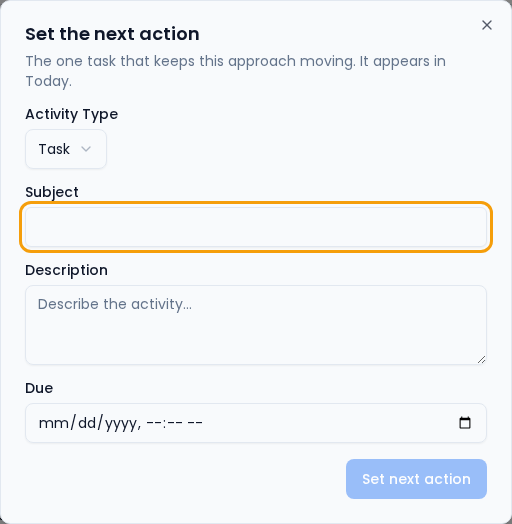 The Set the next action dialog with Activity Type, Subject, Description and Due fields.