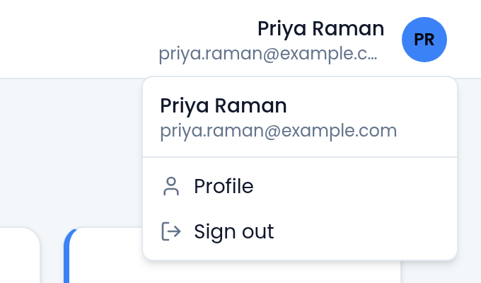 The client's account menu open under Priya Raman, showing her name and email, Profile and Sign out.