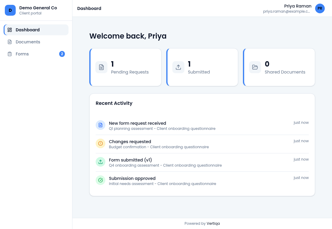 A client's portal dashboard: the Demo General Co name and Client portal label, Dashboard, Documents and Forms in the sidebar, a welcome line, three tiles and a Recent Activity feed.