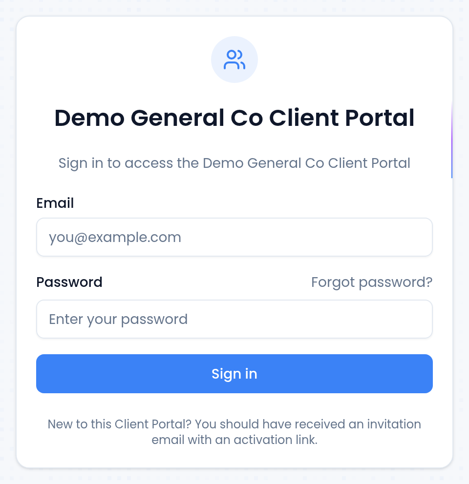 The Demo General Co Client Portal sign-in card with Email and Password fields, a Forgot password? link, a Sign in button, and a note that new users should have received an invitation email with an activation link.