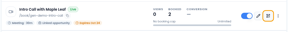A booking link row for Intro Call with Maple Leaf, Live, showing views, booked and conversion counts, with the live switch, Edit, and the QR code button outlined.