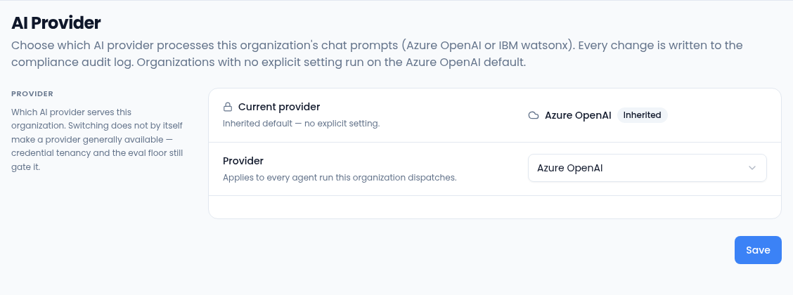 The AI Provider page: Current provider Azure OpenAI marked Inherited, meaning no explicit setting, the Provider picker set to Azure OpenAI, and Save.