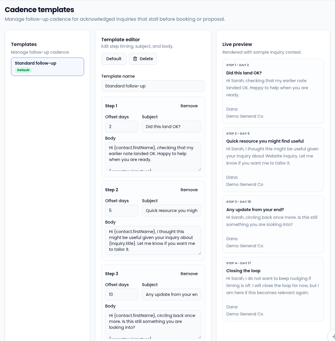 The Cadence templates page with the template Standard follow-up marked Default, the Template editor with Default and Delete, the template name, and steps with offset days 2, 5 and 10, a subject and a body using contact.firstName, inquiry.title and operator.signature, and a live preview of all four steps for a sample contact named Sarah.