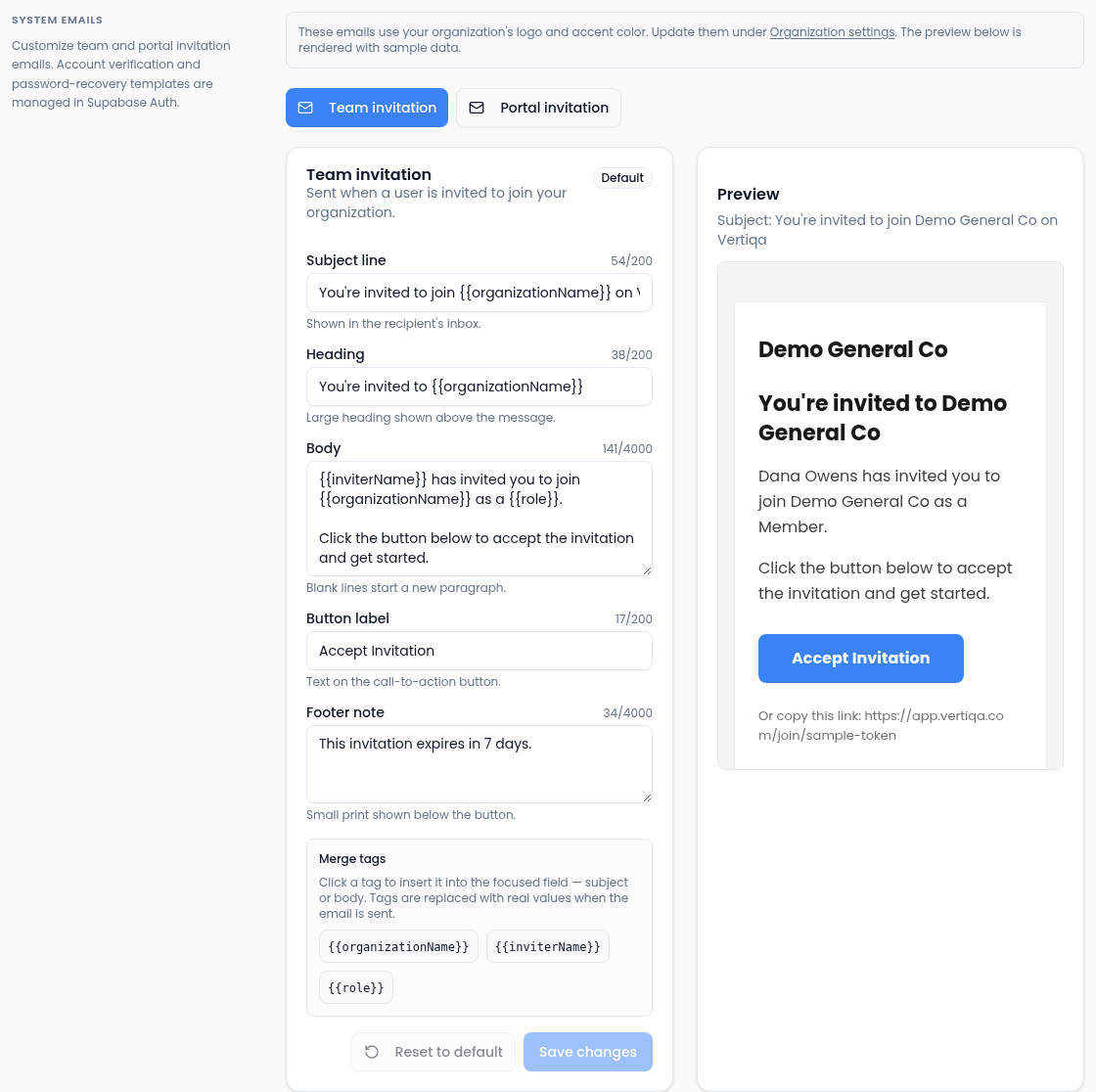 System emails with Team invitation and Portal invitation buttons, the Team invitation editor marked Default with Subject line, Heading, Body, Button label and Footer note fields and their character counts, Merge tags organizationName, inviterName and role, Reset to default and Save changes buttons, and a Preview of the invitation from Demo General Co with an Accept Invitation button.