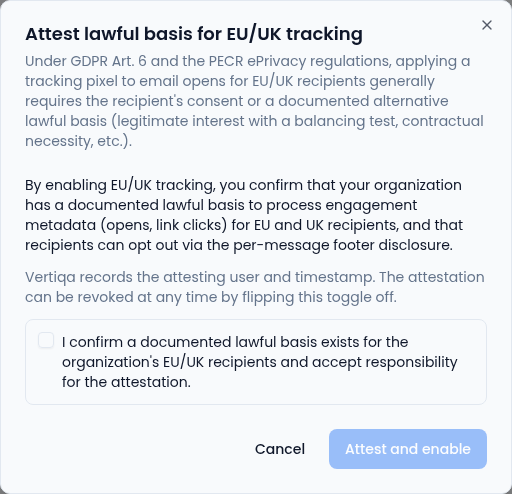 The Attest lawful basis for EU/UK tracking dialog explaining the GDPR Art. 6 and PECR requirements, that recipients can opt out through the footer disclosure, and that Vertiqa records who attested and when, with a confirmation checkbox and Cancel and Attest and enable buttons.