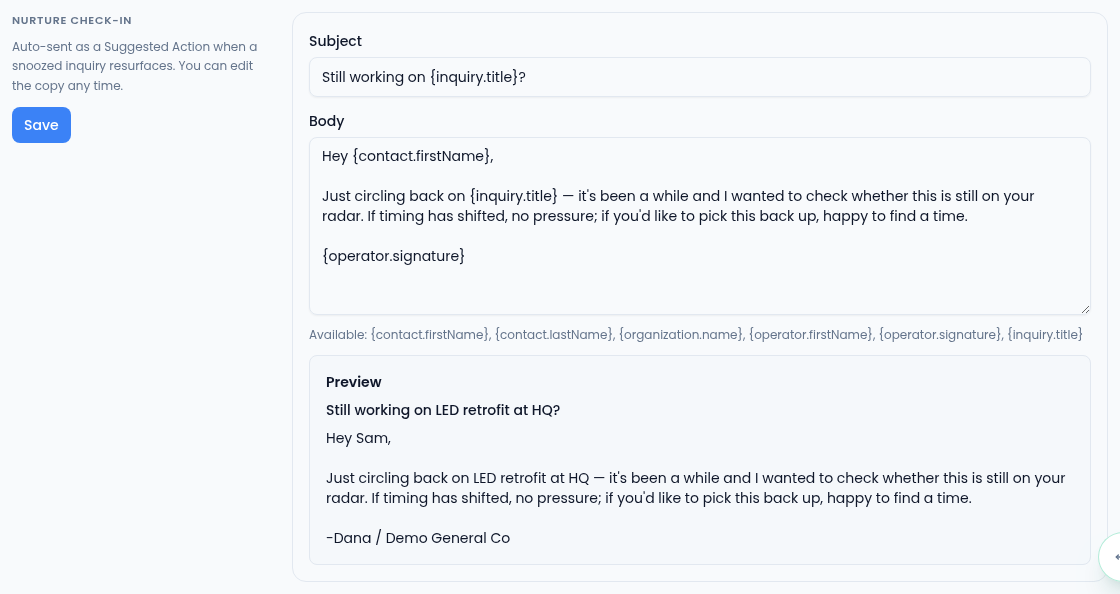 The Nurture check-in section with the subject Still working on inquiry.title, a body using contact.firstName, inquiry.title and operator.signature, the list of available variables, and a preview for the inquiry LED retrofit at HQ.