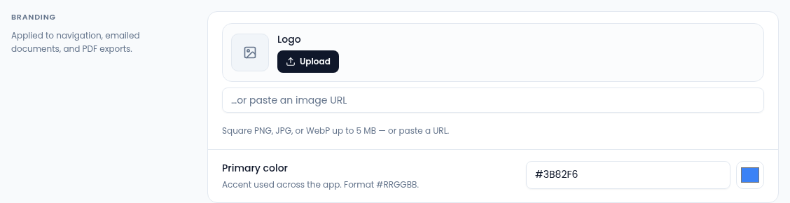 The Branding section with a Logo upload button, a box to paste an image URL, and Primary color #3B82F6 with a color picker.
