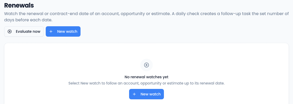The Renewals page with Evaluate now and New watch buttons, and the message No renewal watches yet with its own New watch button.