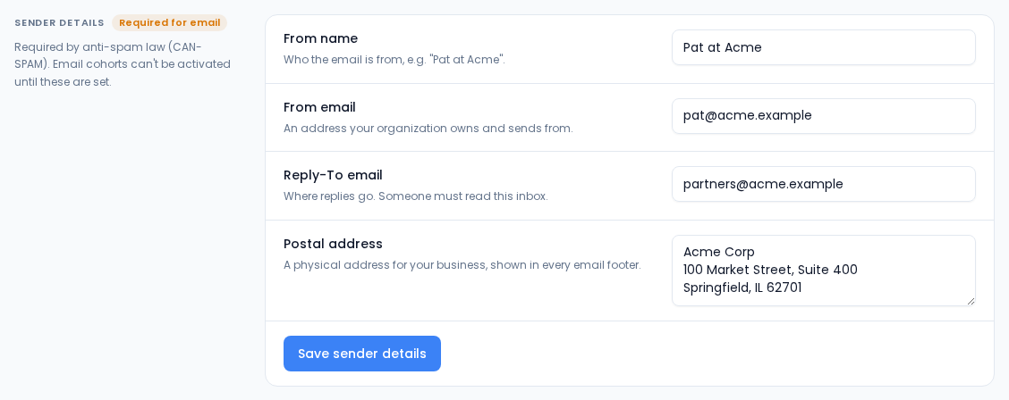 The Sender details settings panel with a Required for email badge and fields for From name, From email, Reply-To email and Postal address filled with example values, and a Save sender details button.