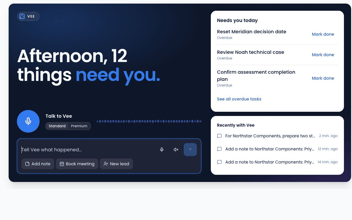 Vee Studio prepares a Northstar note and an org-chart task from one typed request